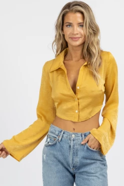 LE LIS MUSTARD SATIN OPEN BACK COLLARED CROP NEW ARRIVALS