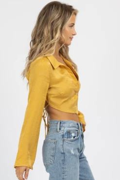 LE LIS MUSTARD SATIN OPEN BACK COLLARED CROP NEW ARRIVALS