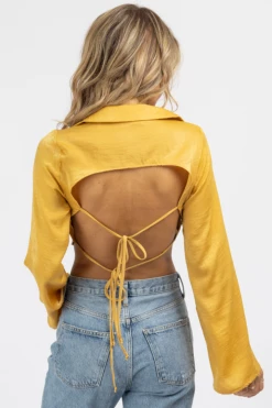LE LIS MUSTARD SATIN OPEN BACK COLLARED CROP NEW ARRIVALS