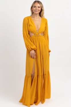 LUXXEL NEW ARRIVALS MARIGOLD SQUARE TRIM HIGH SLIT MAXI DRESS