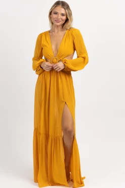 LUXXEL NEW ARRIVALS MARIGOLD SQUARE TRIM HIGH SLIT MAXI DRESS