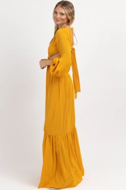 LUXXEL NEW ARRIVALS MARIGOLD SQUARE TRIM HIGH SLIT MAXI DRESS