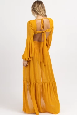 LUXXEL NEW ARRIVALS MARIGOLD SQUARE TRIM HIGH SLIT MAXI DRESS