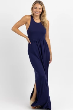 BEESON RIVER NAVY BREEZE HIGH SLIT MAXI DRESS