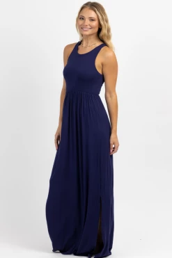 BEESON RIVER NAVY BREEZE HIGH SLIT MAXI DRESS