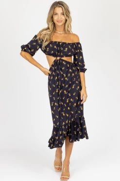 ENDLESS BLU NAVY FLORAL O-RING MIDI DRESS NEW ARRIVALS
