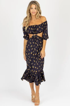 ENDLESS BLU NAVY FLORAL O-RING MIDI DRESS NEW ARRIVALS