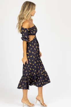 ENDLESS BLU NAVY FLORAL O-RING MIDI DRESS NEW ARRIVALS
