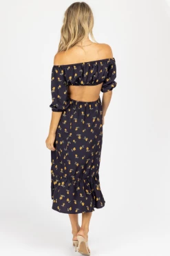 ENDLESS BLU NAVY FLORAL O-RING MIDI DRESS NEW ARRIVALS
