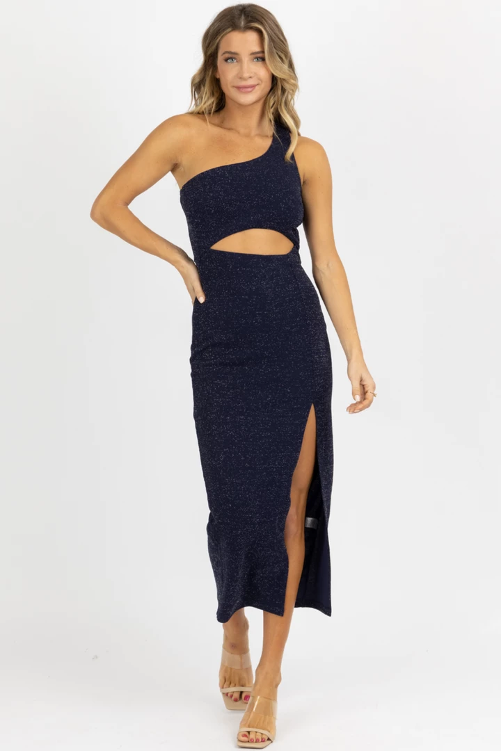 FORE COLLECTION NEW ARRIVALS INDIGO FRONT CUTOUT SHIMMER MIDI DRESS 2 FORE COLLECTION NEW ARRIVALS INDIGO FRONT CUTOUT SHIMMER MIDI DRESS