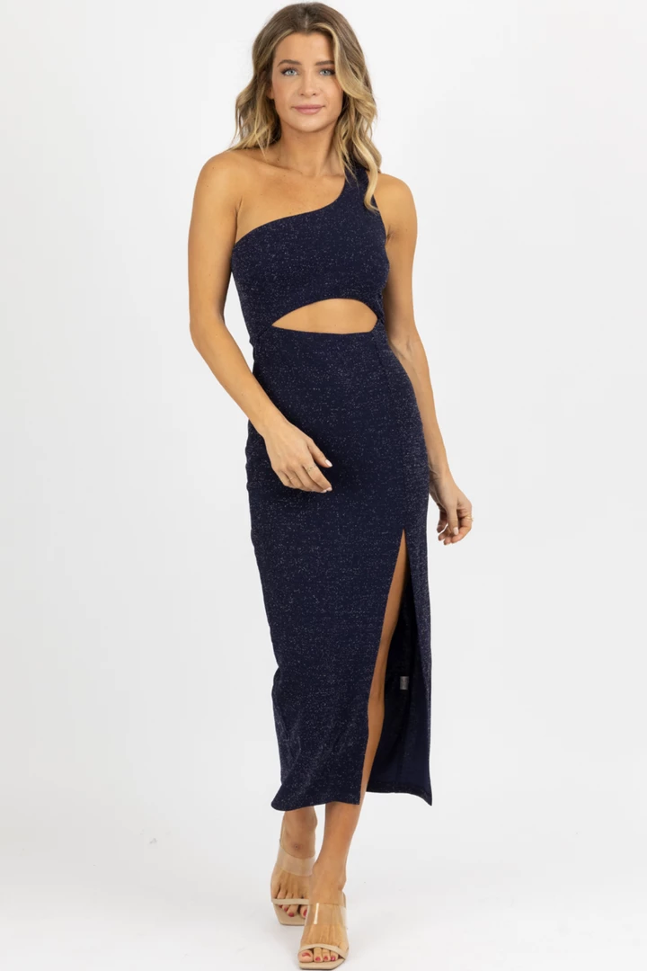 FORE COLLECTION NEW ARRIVALS INDIGO FRONT CUTOUT SHIMMER MIDI DRESS 5 FORE COLLECTION NEW ARRIVALS INDIGO FRONT CUTOUT SHIMMER MIDI DRESS