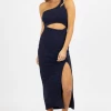 FORE COLLECTION NEW ARRIVALS INDIGO FRONT CUTOUT SHIMMER MIDI DRESS