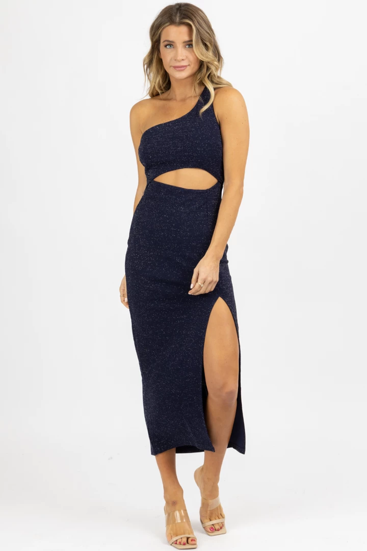 FORE COLLECTION NEW ARRIVALS INDIGO FRONT CUTOUT SHIMMER MIDI DRESS 1 FORE COLLECTION NEW ARRIVALS INDIGO FRONT CUTOUT SHIMMER MIDI DRESS