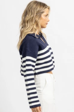 CRESCENT NAVY CORBIN STRIPED POLO COLLARED TOP *RESTOCK COMING SOON*
