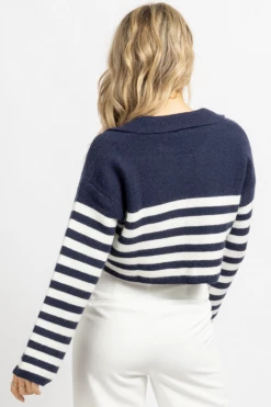 CRESCENT NAVY CORBIN STRIPED POLO COLLARED TOP *RESTOCK COMING SOON*