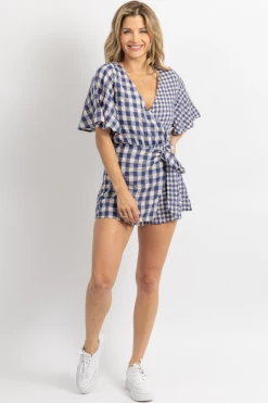 DAY + MOON NAVY + NATURAL GINGHAM WRAP ROMPER