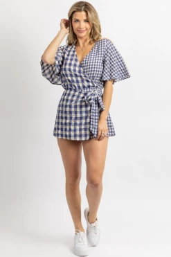 DAY + MOON NAVY + NATURAL GINGHAM WRAP ROMPER