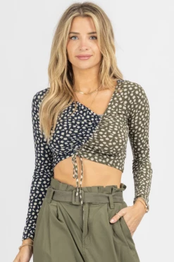 ENDLESS BLU NAVY + OLIVE ASYMMETRIC SHIRRED TIE CROP