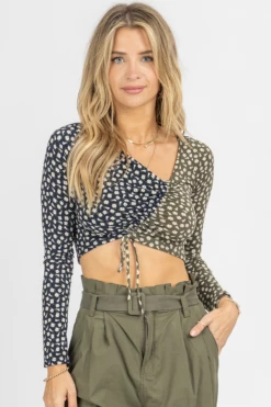 ENDLESS BLU NAVY + OLIVE ASYMMETRIC SHIRRED TIE CROP