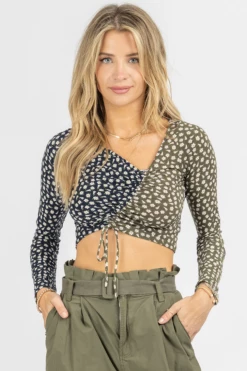 ENDLESS BLU NAVY + OLIVE ASYMMETRIC SHIRRED TIE CROP