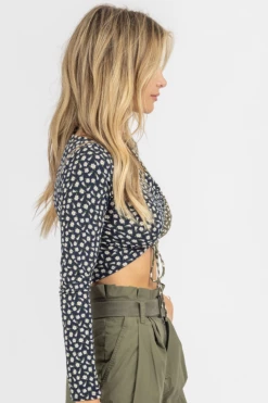 ENDLESS BLU NAVY + OLIVE ASYMMETRIC SHIRRED TIE CROP