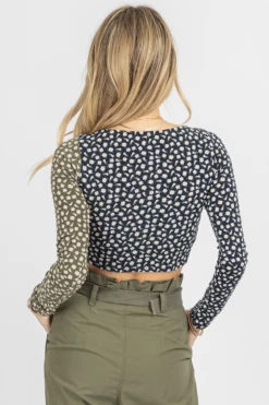ENDLESS BLU NAVY + OLIVE ASYMMETRIC SHIRRED TIE CROP