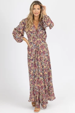 L'ABEYE NEW ARRIVALS MULTIFLORAL LONG SLEEVE TWIST FRONT MAXI DRESS *BACK IN STOCK*