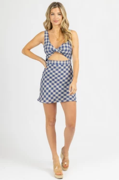 OLIVACEOUS NAVY + TAUPE GINGHAM OPEN FRONT DRESS