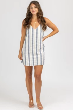 LEVEE NAVY + TAUPE STRIPED MINI TUNIC DRESS