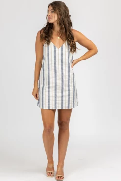 LEVEE NAVY + TAUPE STRIPED MINI TUNIC DRESS