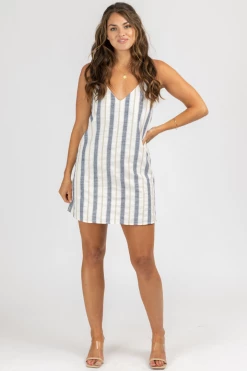 LEVEE NAVY + TAUPE STRIPED MINI TUNIC DRESS