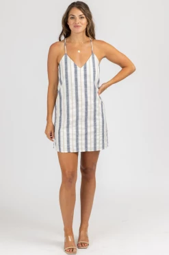 LEVEE NAVY + TAUPE STRIPED MINI TUNIC DRESS