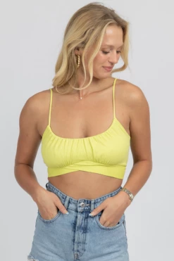 ENDLESS BLU NEW ARRIVALS NEON LIME SHIRRED TIE BACK CROP