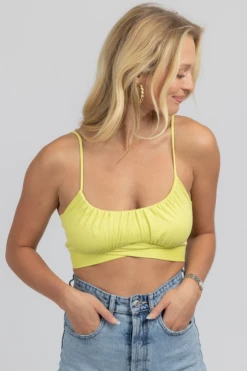 ENDLESS BLU NEW ARRIVALS NEON LIME SHIRRED TIE BACK CROP
