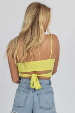 ENDLESS BLU NEW ARRIVALS NEON LIME SHIRRED TIE BACK CROP
