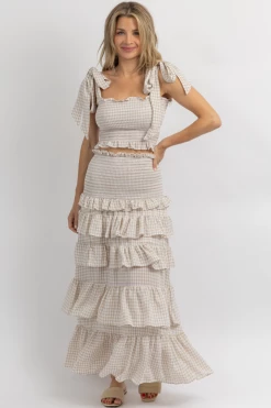 MABLE NEW ARRIVALS NEUTRAL CHARM SMOCKED MAXI SKIRT SET