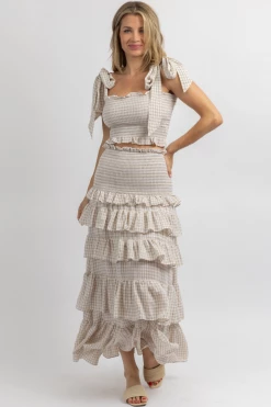 MABLE NEW ARRIVALS NEUTRAL CHARM SMOCKED MAXI SKIRT SET