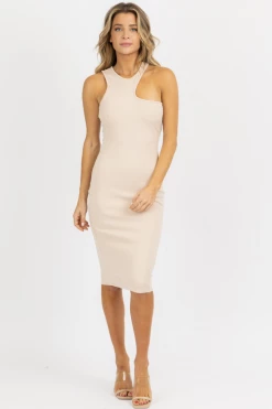 FORE COLLECTION NUDE ASYMMETRIC NECKLINE RIB MIDI DRESS