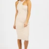 FORE COLLECTION NUDE ASYMMETRIC NECKLINE RIB MIDI DRESS