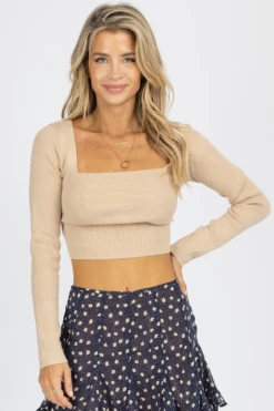 LE LIS NEW ARRIVALS NUDE LONGSLEEVE KNIT TIE BACK CROP TOP