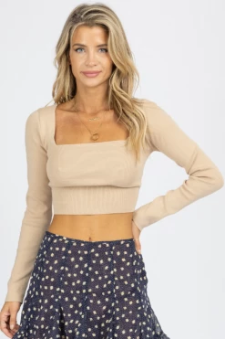 LE LIS NEW ARRIVALS NUDE LONGSLEEVE KNIT TIE BACK CROP TOP