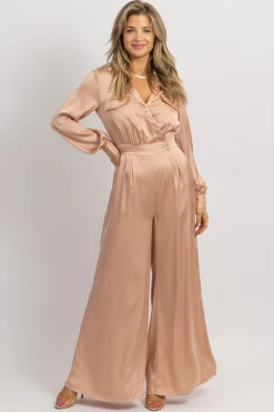 STRUT AND BOLT NEW ARRIVALS NUDE SATIN LONGSLEEVE WIDE LEG JUMPSUIT