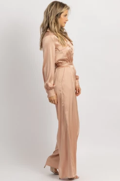 STRUT AND BOLT NEW ARRIVALS NUDE SATIN LONGSLEEVE WIDE LEG JUMPSUIT 12 STRUT AND BOLT NEW ARRIVALS NUDE SATIN LONGSLEEVE WIDE LEG JUMPSUIT