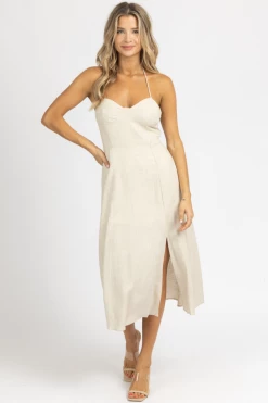 CRESCENT CLOTHING OATMEAL BUSTIER HALTER LINEN MIDI DRESS