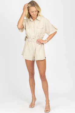 MABLE OATMEAL SQUARE BELT WOVEN ROMPER 7 MABLE OATMEAL SQUARE BELT WOVEN ROMPER