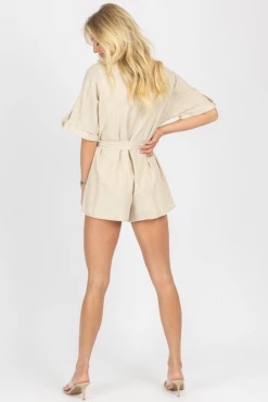 MABLE OATMEAL SQUARE BELT WOVEN ROMPER 9 MABLE OATMEAL SQUARE BELT WOVEN ROMPER