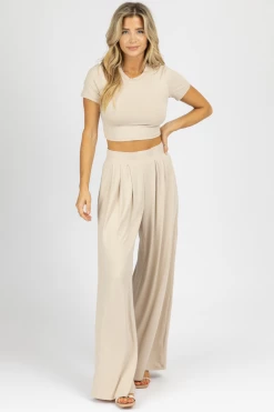 L'ABEYE Sales Shop 34 LA VIDA BUTTER SOFT OATMEAL CROP PALAZZO PANT SET *BACK IN STOCK*