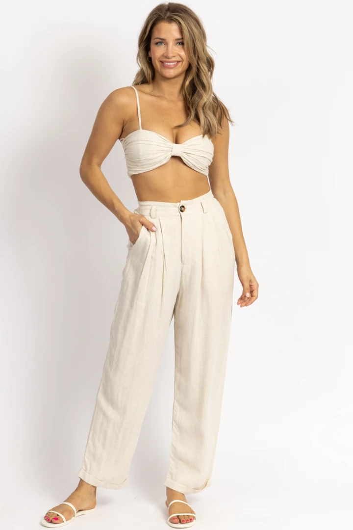 MABLE OATMEAL LINEN RUCHED CROP + PANT SET 2 MABLE OATMEAL LINEN RUCHED CROP + PANT SET