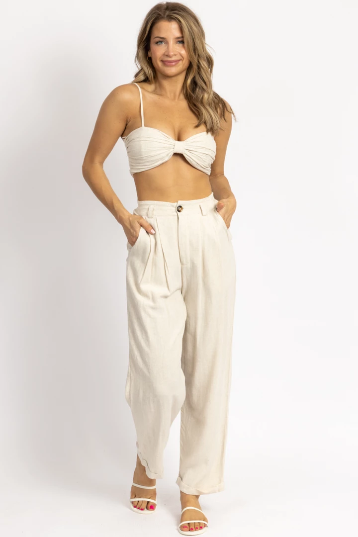 MABLE OATMEAL LINEN RUCHED CROP + PANT SET 1 MABLE OATMEAL LINEN RUCHED CROP + PANT SET