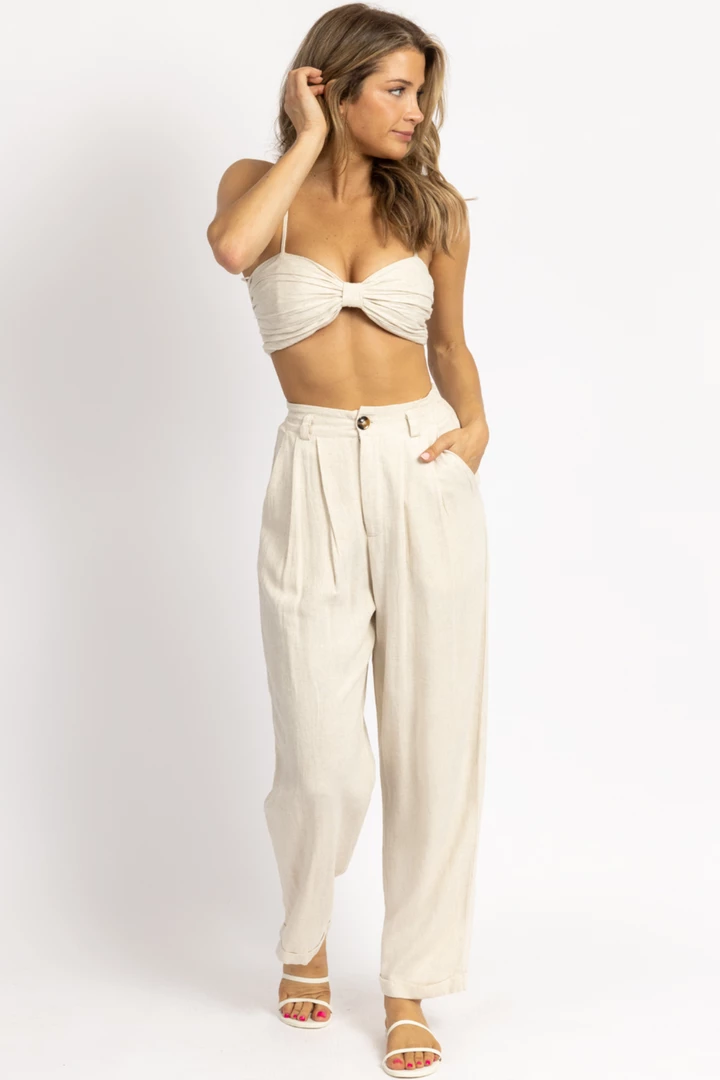 MABLE OATMEAL LINEN RUCHED CROP + PANT SET 3 MABLE OATMEAL LINEN RUCHED CROP + PANT SET